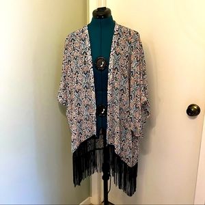 Floral boho kimono shawl with black fringe